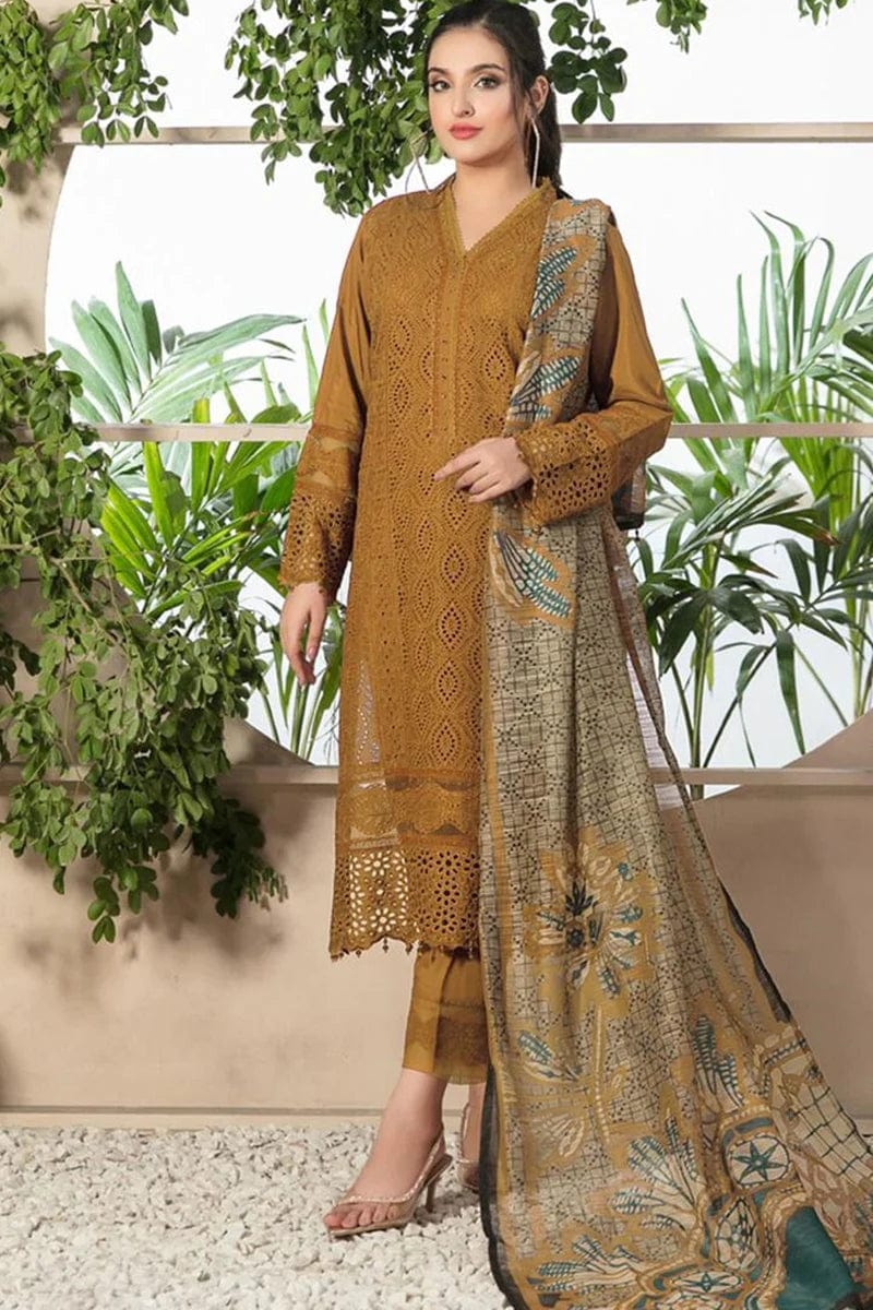 Chikenkari D-762 Musturd Dhanak Embroidered 3pc