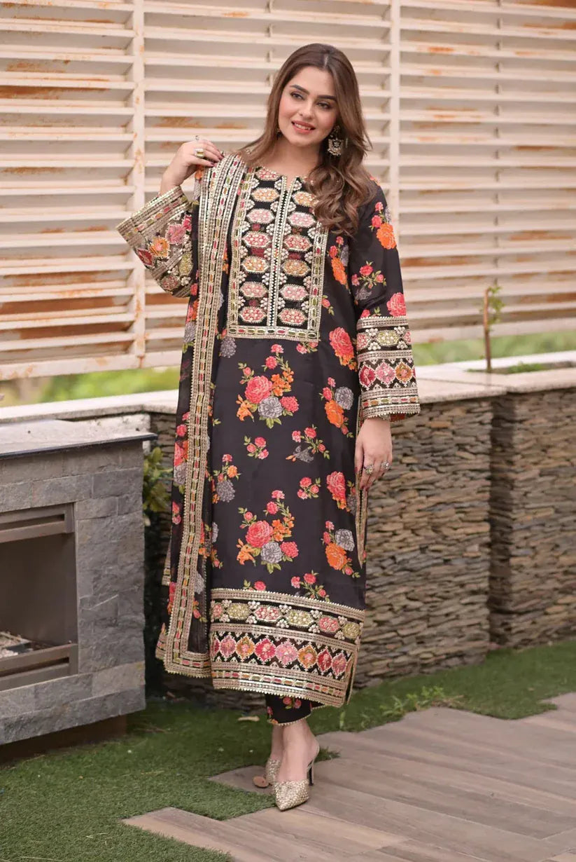 Silk-1001 black Airjet Shamoz Silk Embroidered 3pc