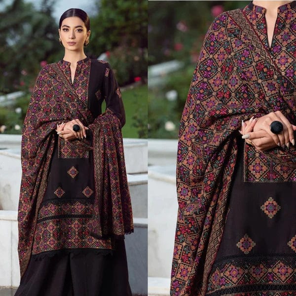 BR-707 Black Dhanak  Embroidered 3pc Wt