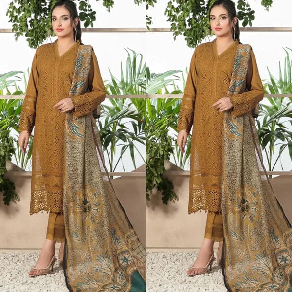 Chikenkari D-762 Musturd Dhanak Embroidered 3pc