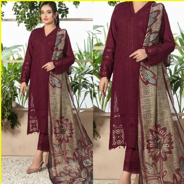 Chikenkari D-762 Mehroon Dhanak Embroidered 3pc