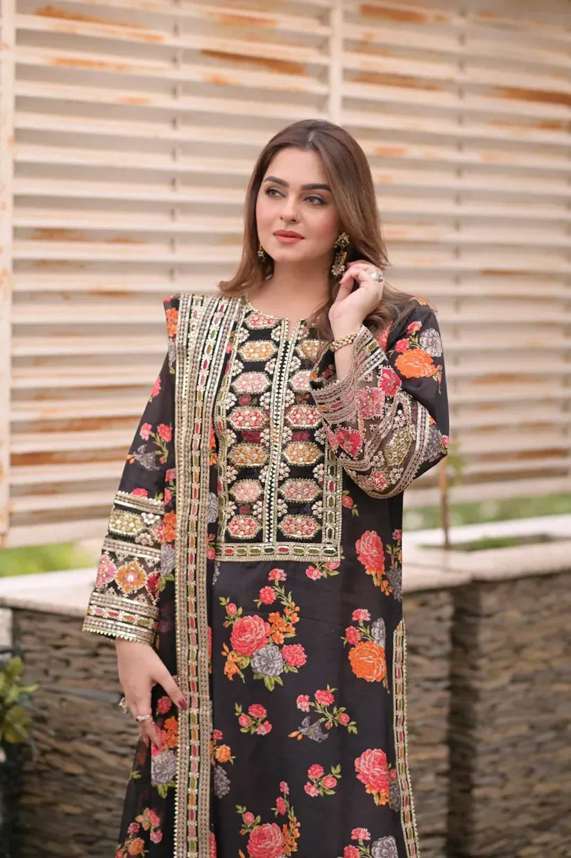 Silk-1001 black Airjet Shamoz Silk Embroidered 3pc