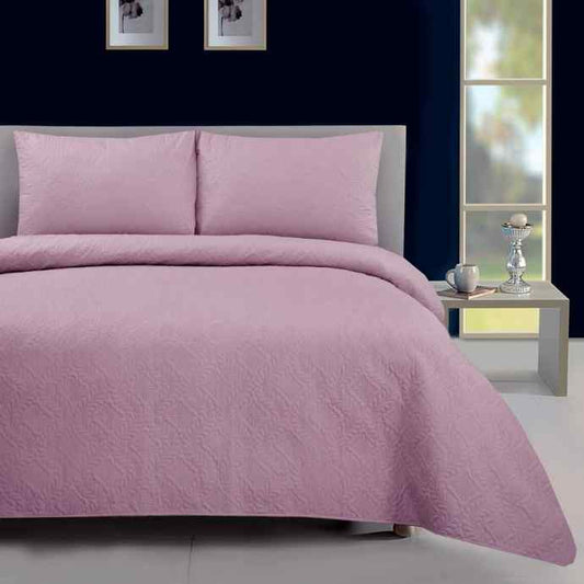 Reversible 3Pc Ultrasonic Bedspread Set - Light Pink Plain Dyed Bedspread