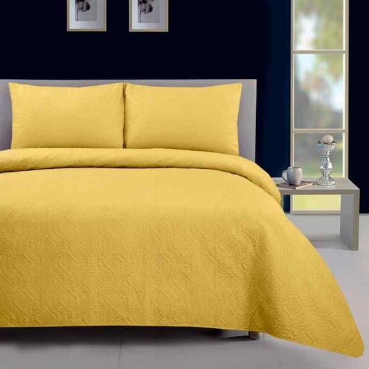 Reversible 3Pc Ultrasonic Bedspread Set - Mustard Plain Dyed Bedspread