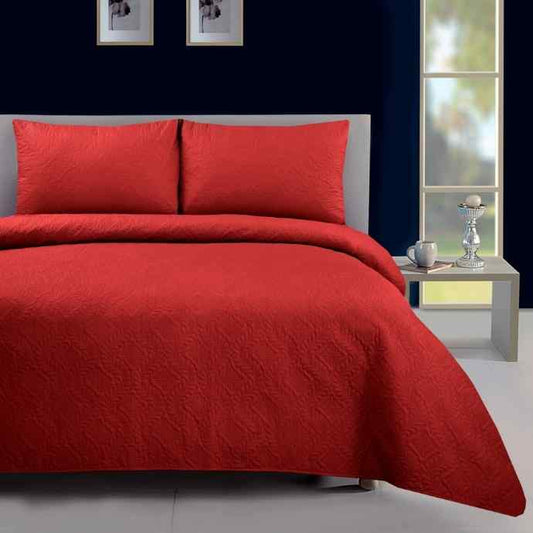 Reversible 3Pc Ultrasonic Bedspread Set - Red Plain Dyed Bedspread