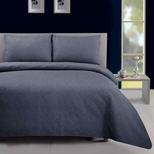 Reversible 3Pc Ultrasonic Bedspread Set - Dark Grey Plain Dyed Bedspread