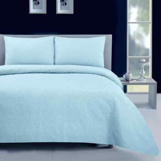 Reversible 3Pc Ultrasonic Bedspread Set - Sky Blue Plain Dyed Bedspread