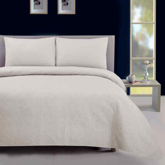 Reversible 3Pc Ultrasonic Bedspread Set - Cream Plain Dyed Bedspread