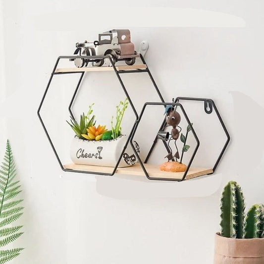 Wall Floating Hexy Floating Metal Frame Solid Wood Shelve Decor - Special Home Decor