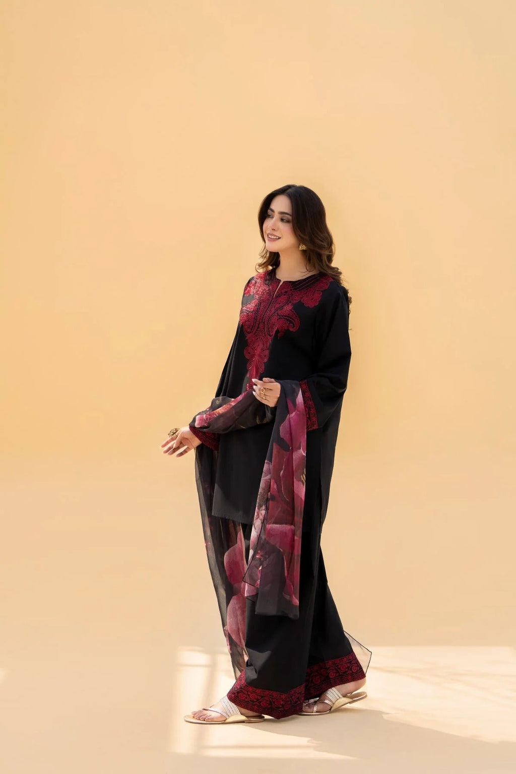 RL-394 Embroidered Black linen Three Piece Dress