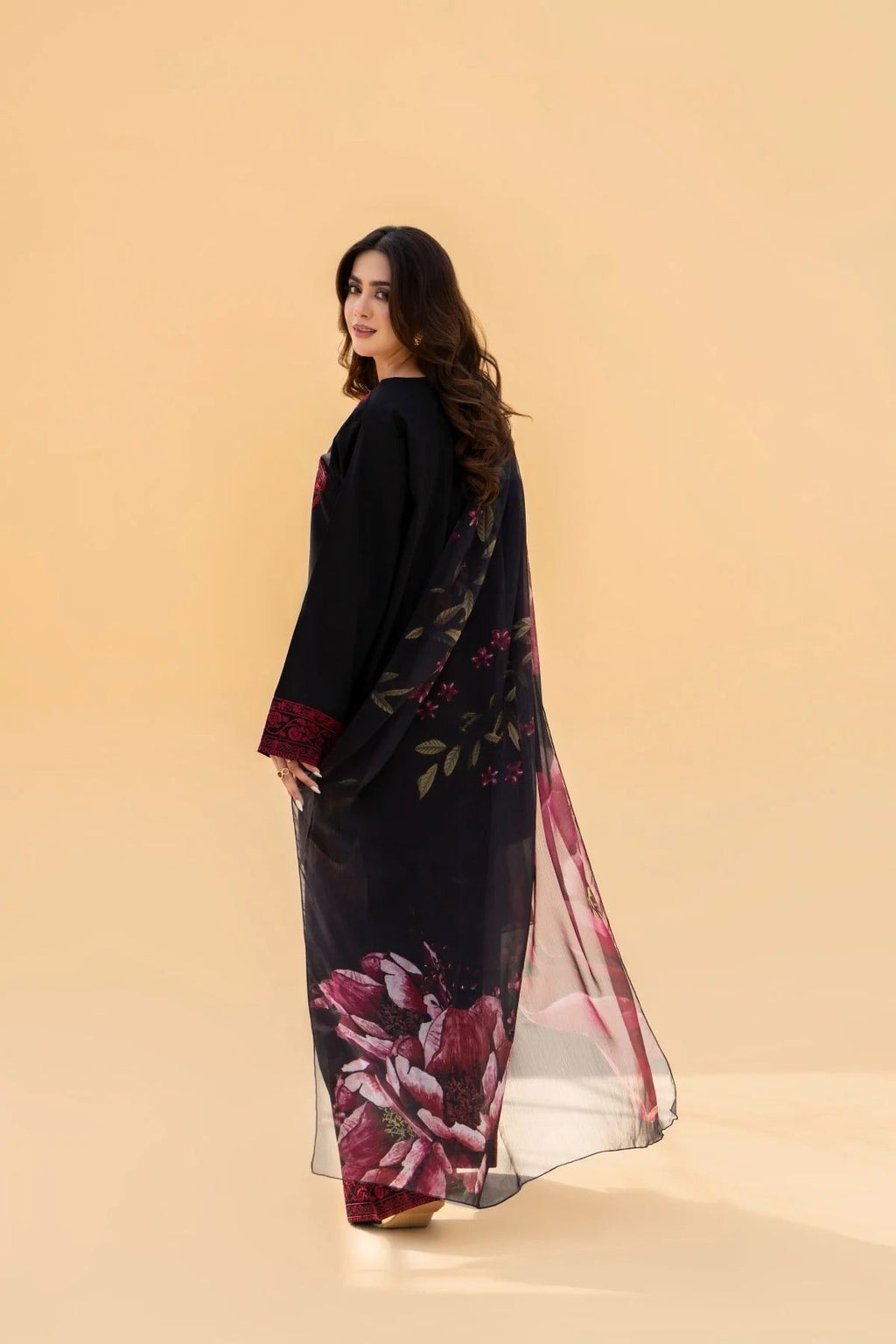 RL-394 Embroidered Black linen Three Piece Dress