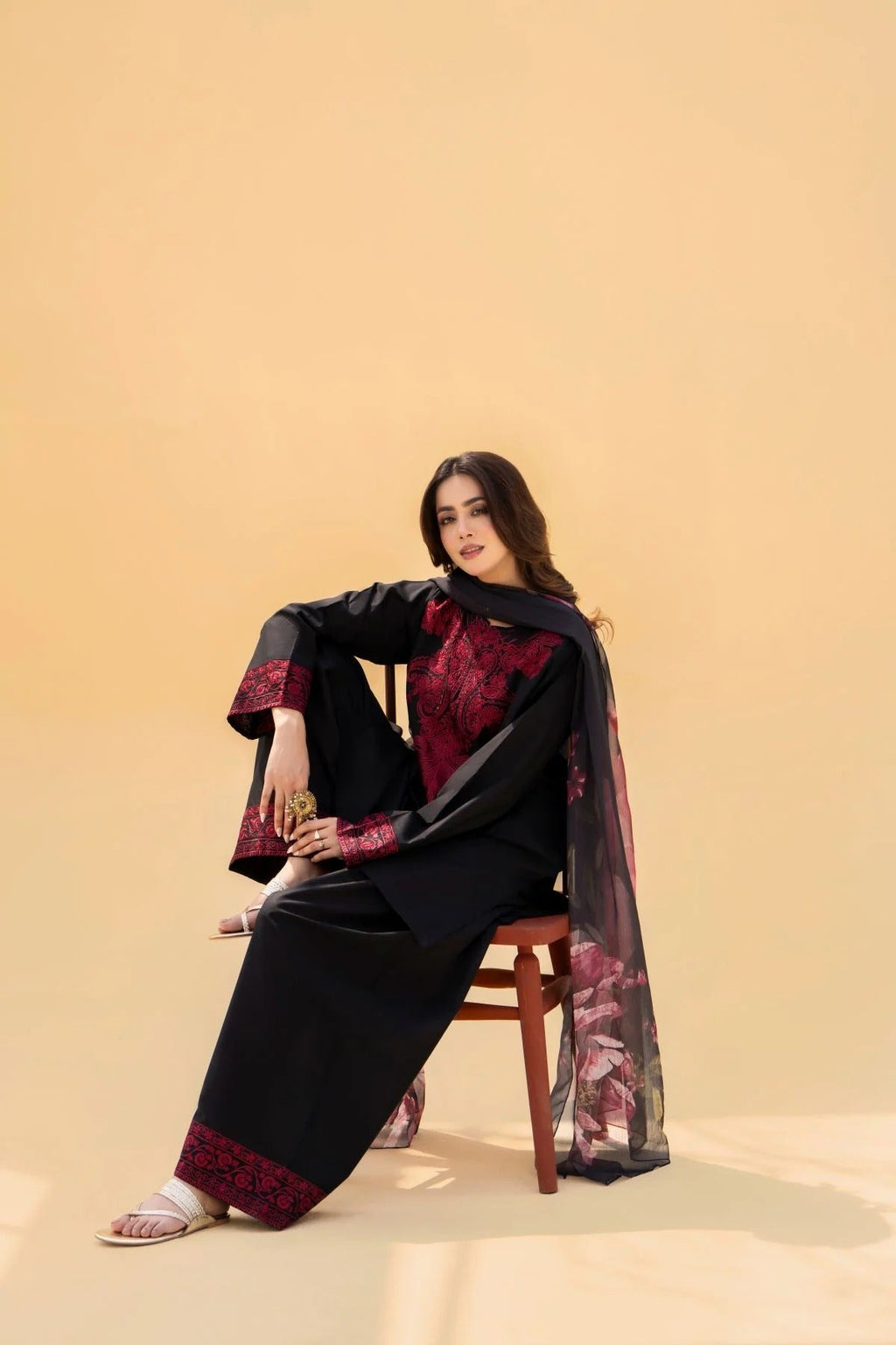 RL-394 Embroidered Black linen Three Piece Dress